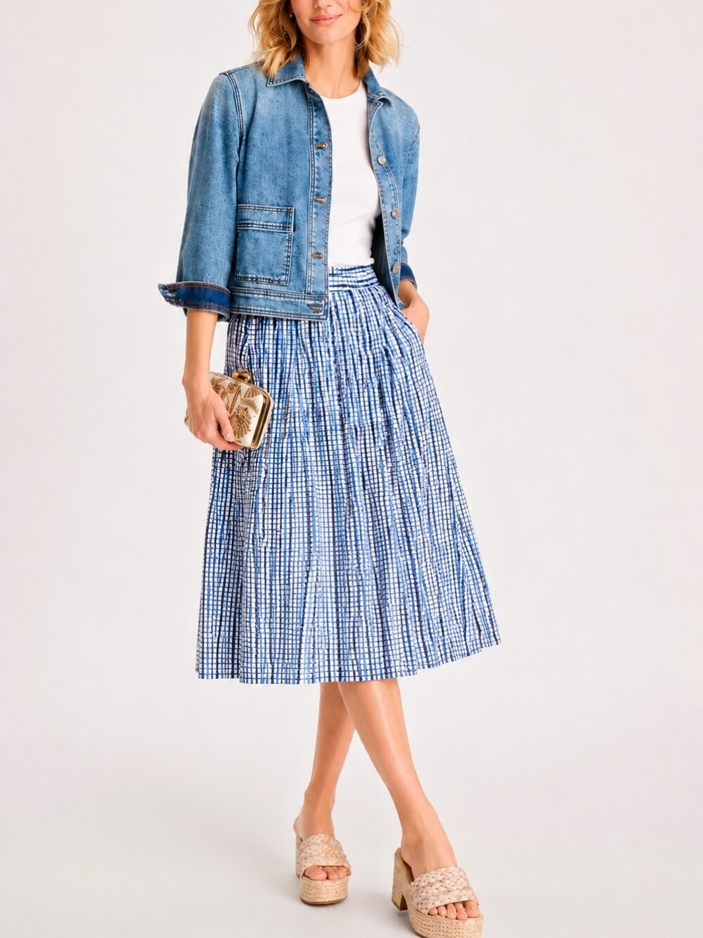 TORY BURCH Blue Pleated Textured Pattern Cotton Midi Skirt